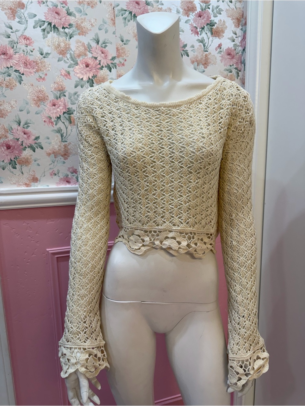 Y2K Women's Cream Crochet Lace Knit Sweater